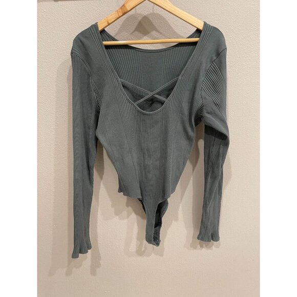 Aerie Long Sleeve Ribbed Thong Bodysuit XXL Cross Back NWT Casual - Picture 2 of 9